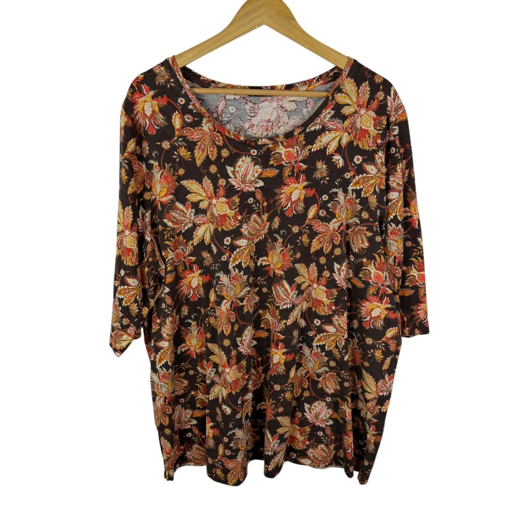 Catherines Brown Floral Easy Fit Tee Size 1XWP Cotton Stretch Comfy Boho Fall